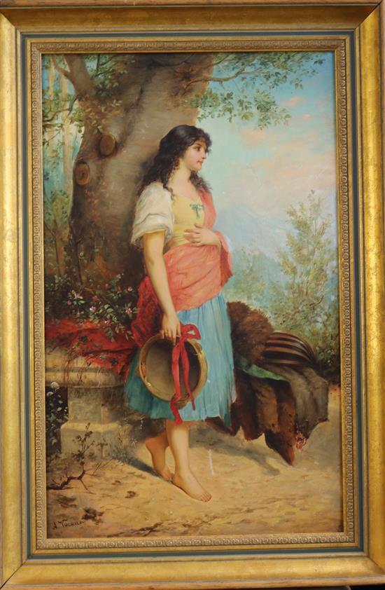 A. Vacano Girl holding a tambourine 22.5 x 14in.